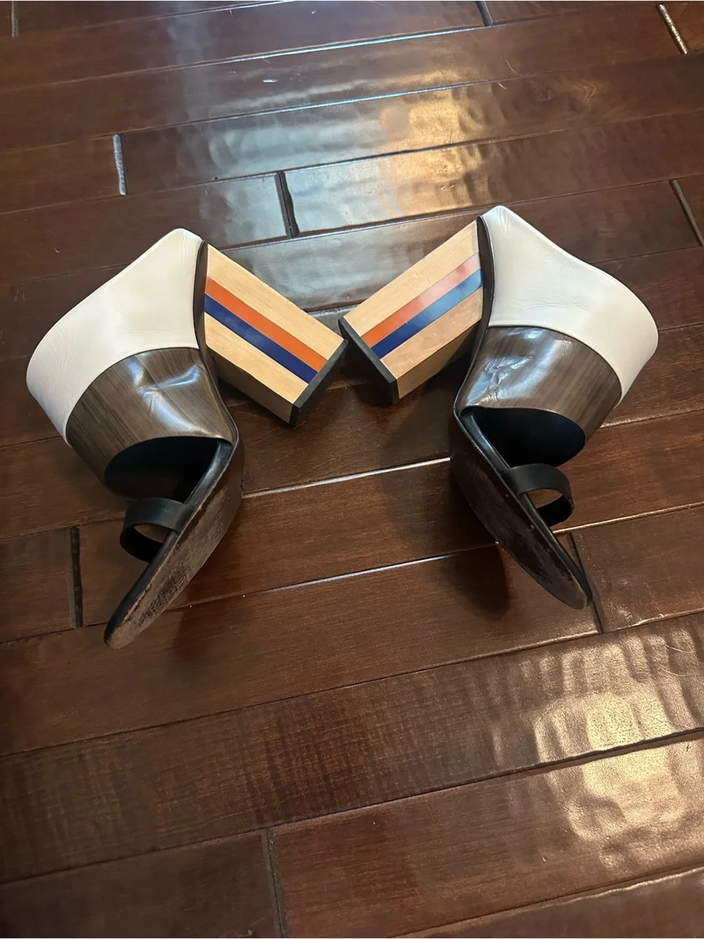 Tory Burch Cream, Brown & Black Striped Block Heel Mule